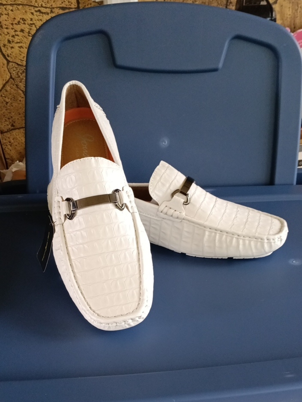 Men's White Croc-Embossed Leather Slip-On Loafers with Metal Bit 12